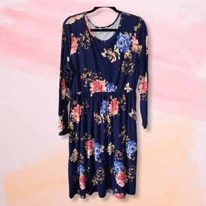 Plus Navy Blue/Pink Floral Long Sleeve Mini Dress